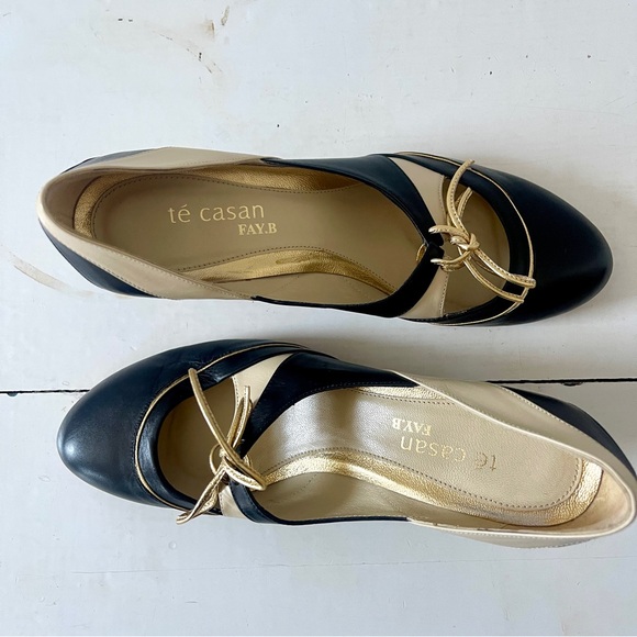 Té Casan Faye B Limited Edition Black Cream Gold Court Heel Pump EU 38 - Picture 7 of 9